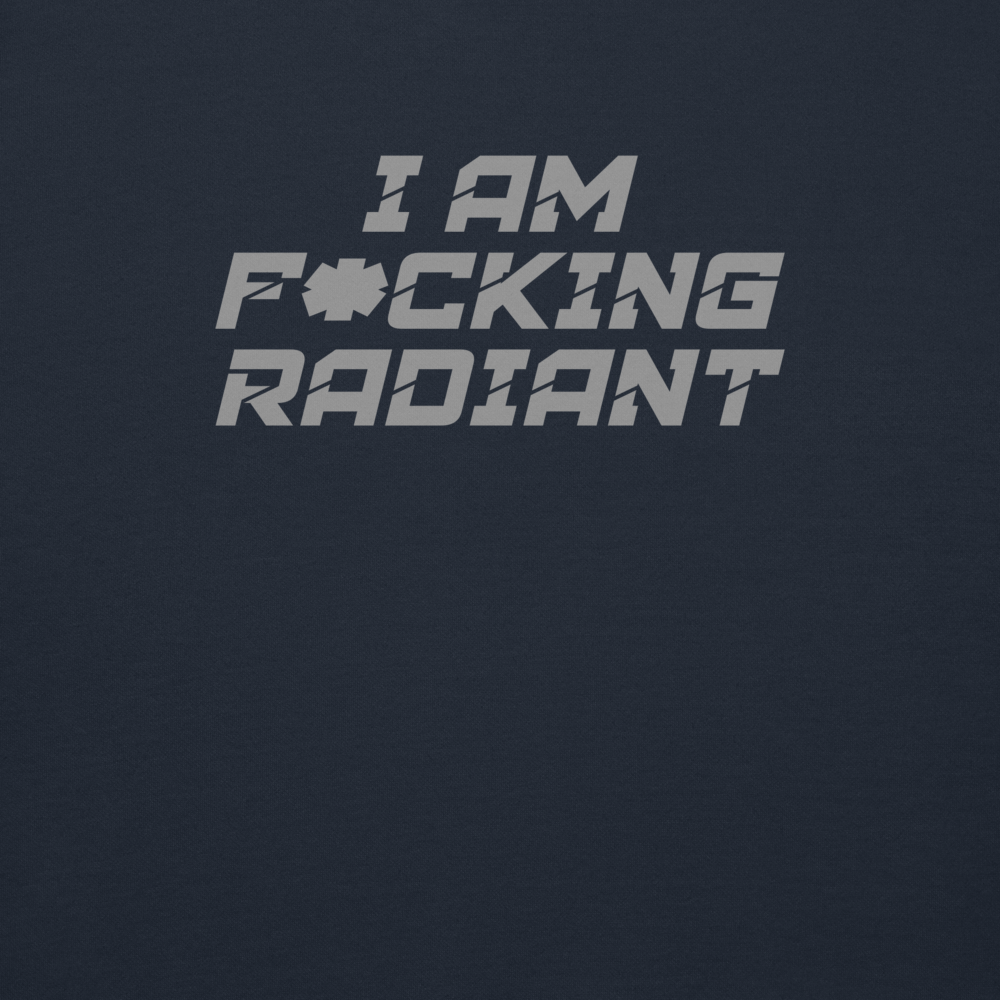 "I Am F*cking Radiant" printed on a navy blazer background