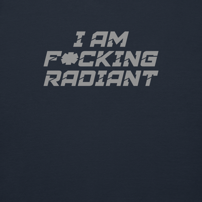 "I Am F*cking Radiant" printed on a navy blazer background