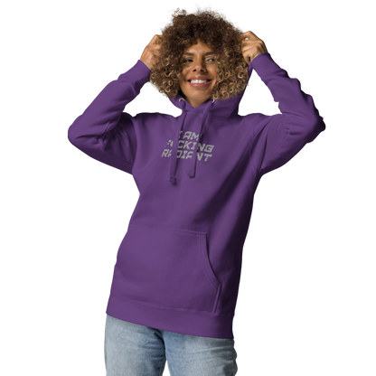 "I Am F*cking Radiant" printed on a purple unisex hoodie worn by a female