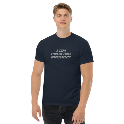 "I Am F*cking Radiant" printed on a navy unisex classic tee worn by a male