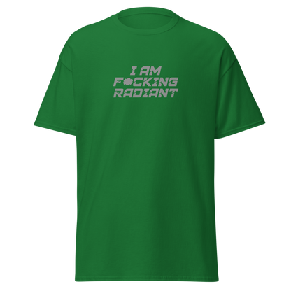 "I Am F*cking Radiant" printed on a turf green on an invisible body