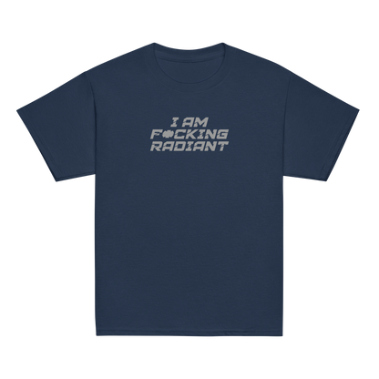 "I Am F*cking Radiant" printed on a navy youth classic tee laying on a flat surface