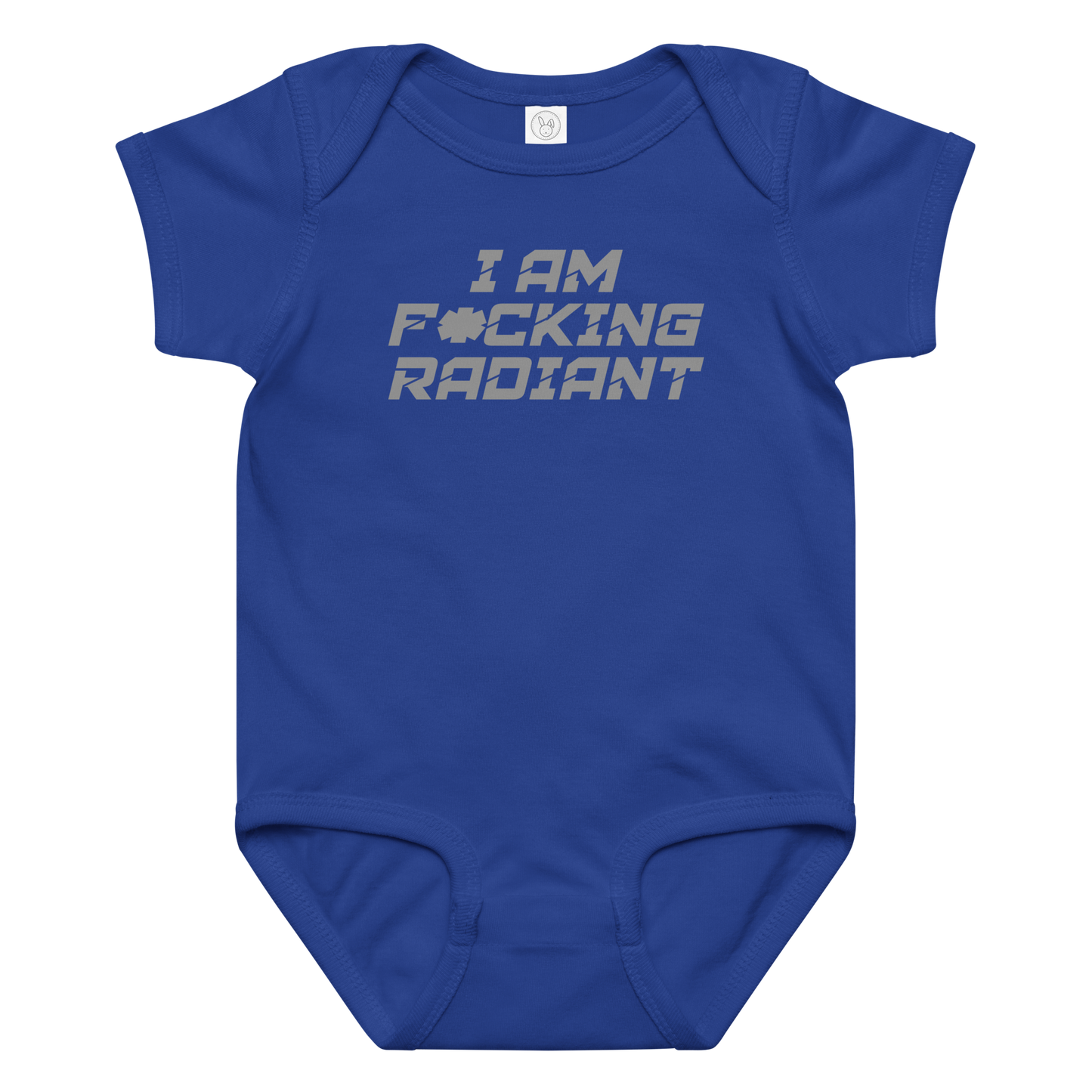 "I Am F*cking Radiant" printed on a royal baby jersey bodysuit laying on a flat surface amongst other clothes
