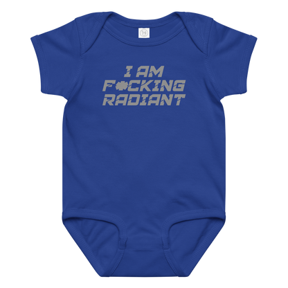 "I Am F*cking Radiant" printed on a royal baby jersey bodysuit laying on a flat surface amongst other clothes
