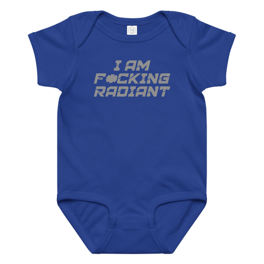 "I Am F*cking Radiant" printed on a royal baby jersey bodysuit laying on a flat surface amongst other clothes