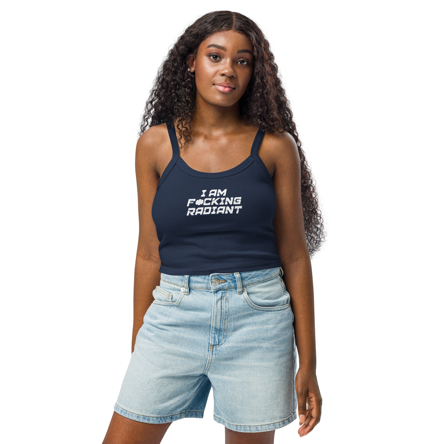 "I Am F*cking Radiant" printed on a solid navy blend women's micro-rib tanktop worn by a female