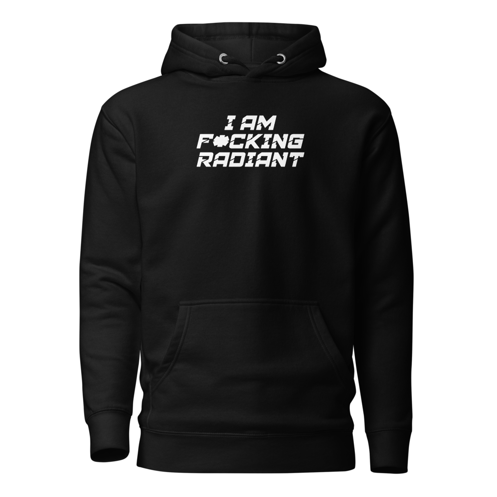 "I Am F*cking Radiant" printed on a black on an invisible / simulated body