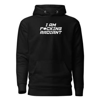 "I Am F*cking Radiant" printed on a black on an invisible / simulated body