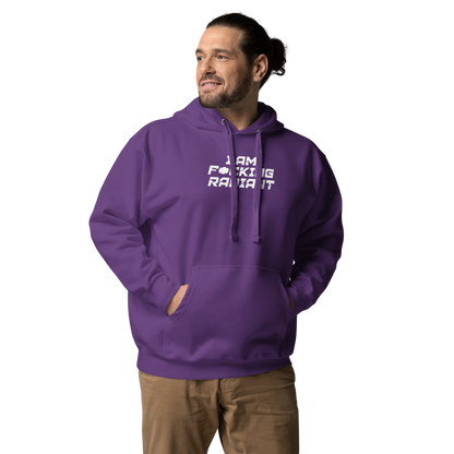 "I Am F*cking Radiant" printed on a purple unisex hoodie worn by a male