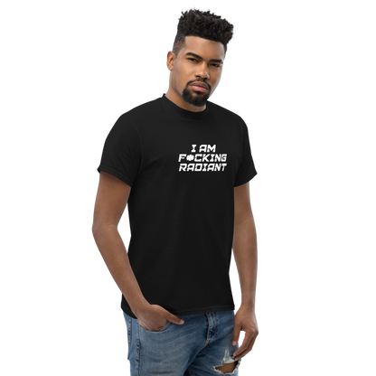 "I Am F*cking Radiant" printed on a black unisex classic tee worn by a male