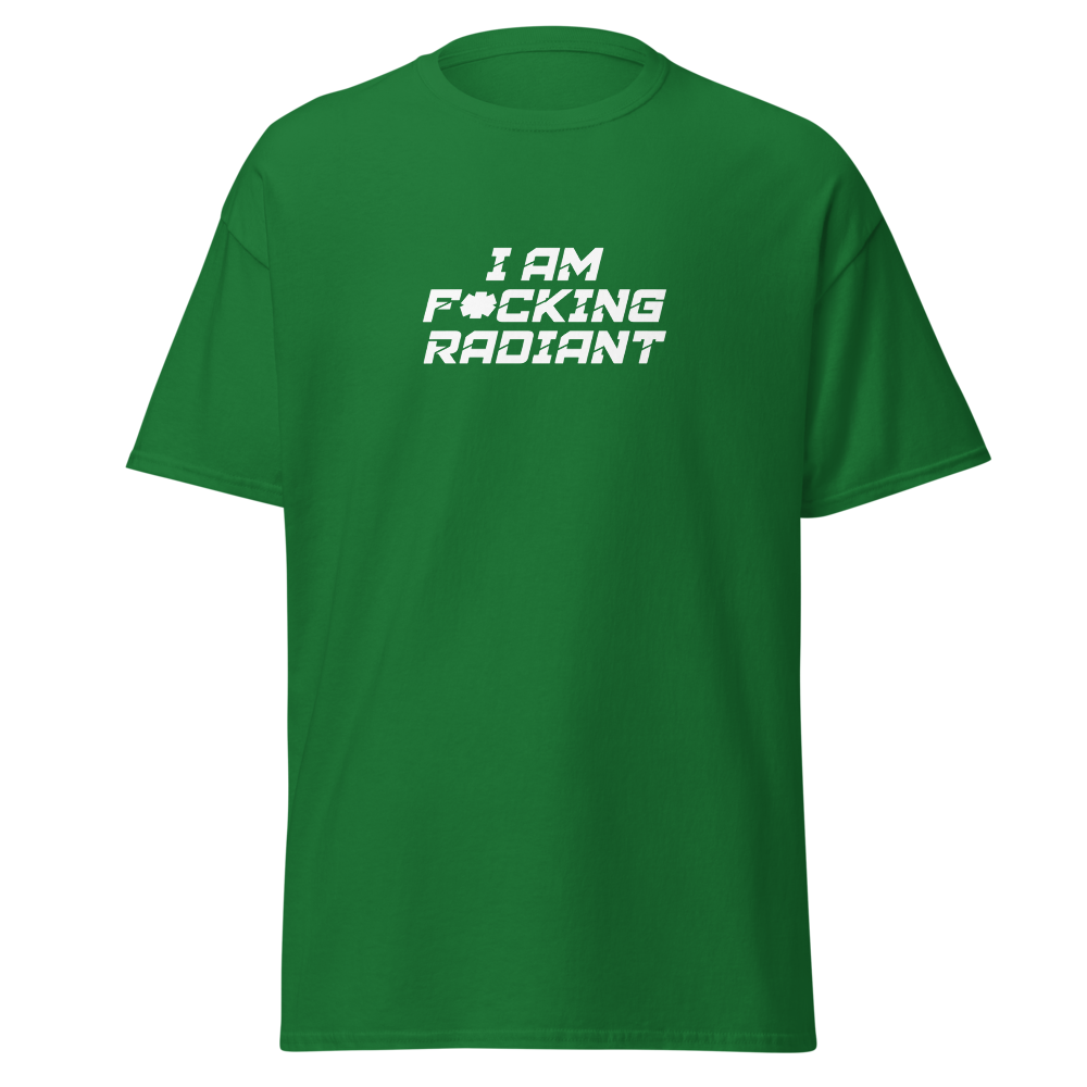 "I Am F*cking Radiant" printed on a turf green on an invisible body