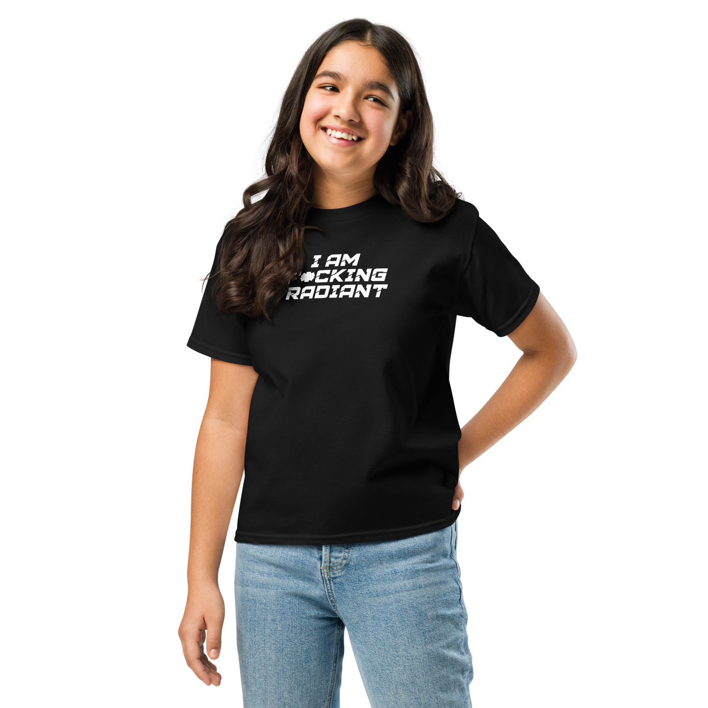 "I Am F*cking Radiant" printed on a black youth classic tee worn by a female