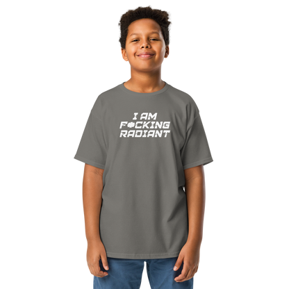 "I Am F*cking Radiant" printed on a charcoal youth classic tee worn by a male