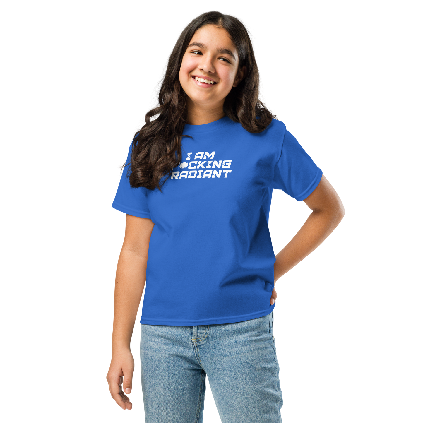 "I Am F*cking Radiant" printed on a royal youth classic tee worn by a female