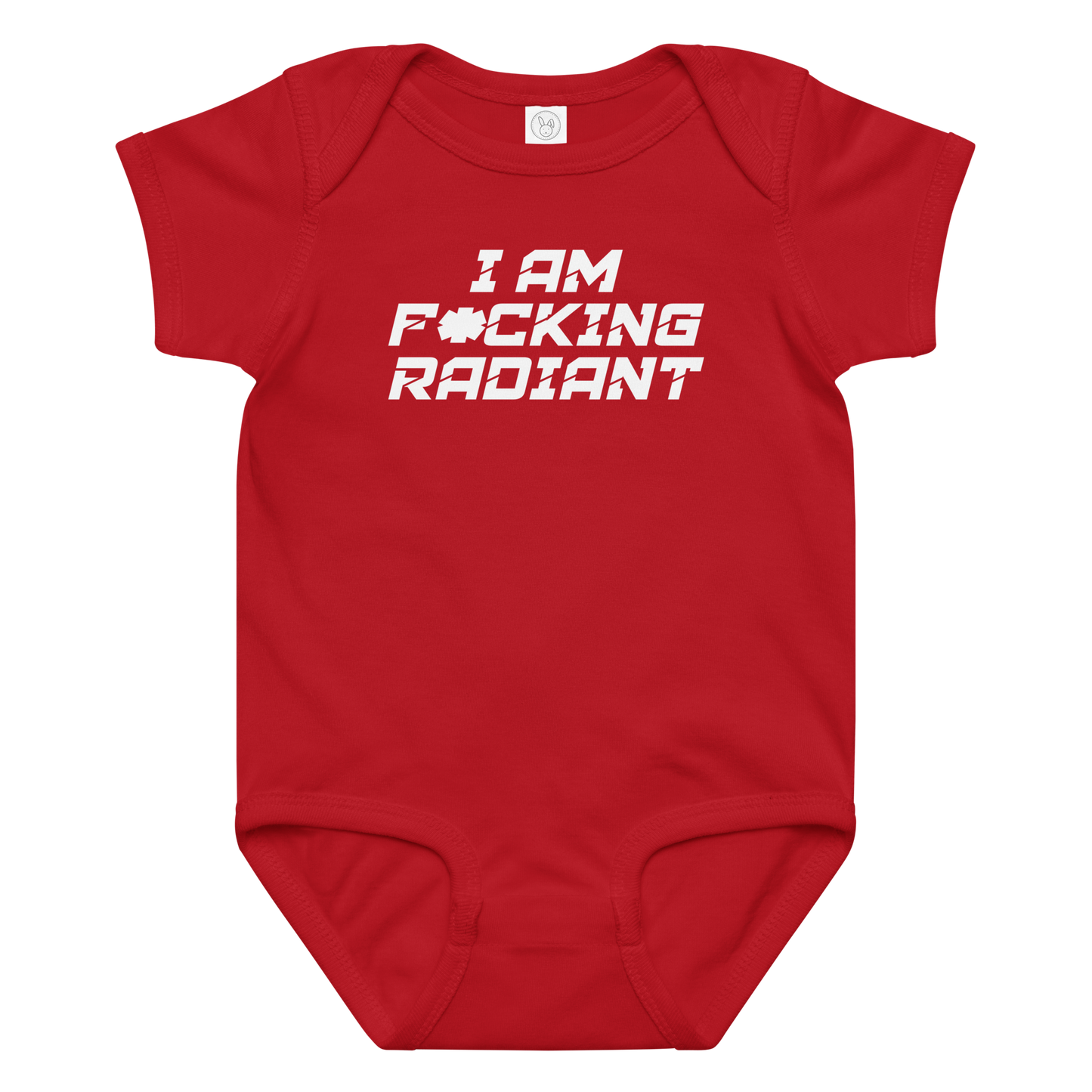 "I Am F*cking Radiant" printed on a red baby jersey bodysuit laying on a flat surface amongst other clothes