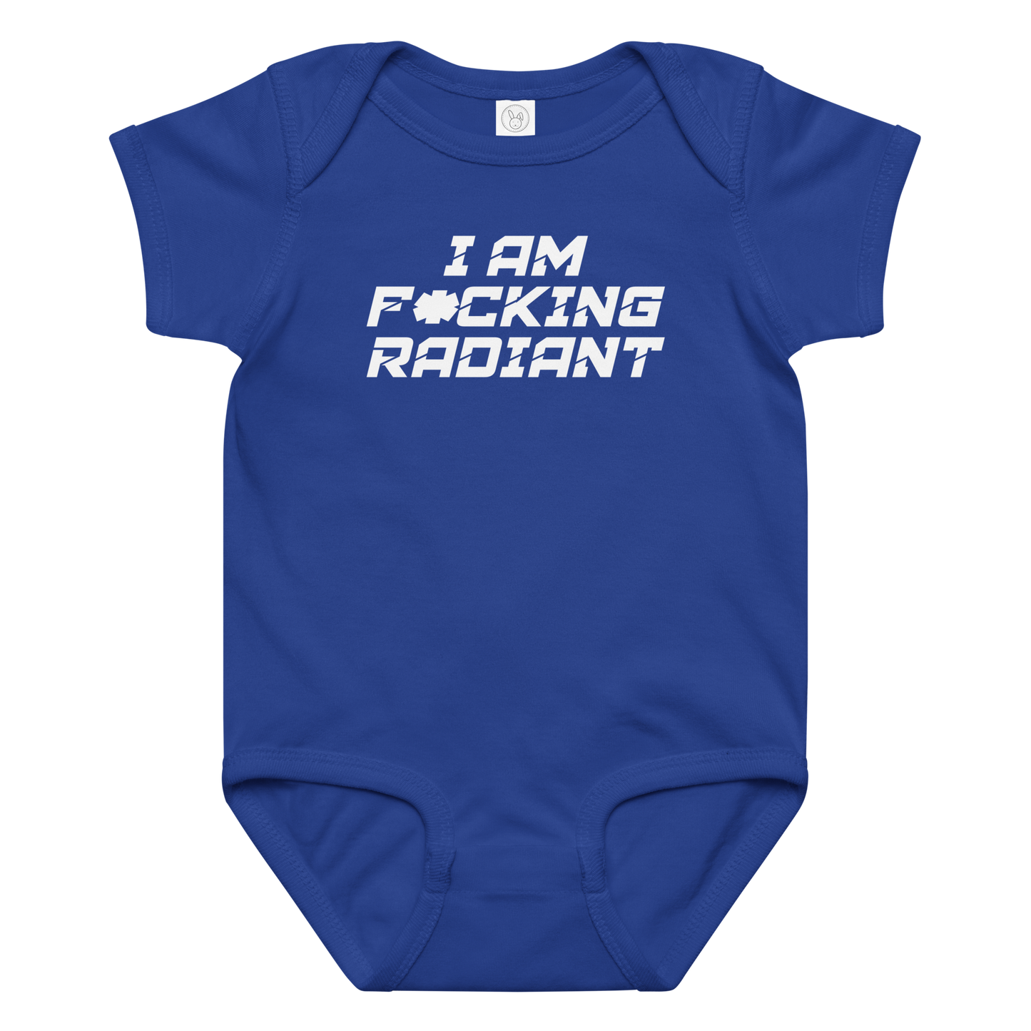 "I Am F*cking Radiant" printed on a royal baby jersey bodysuit laying on a flat surface amongst other clothes
