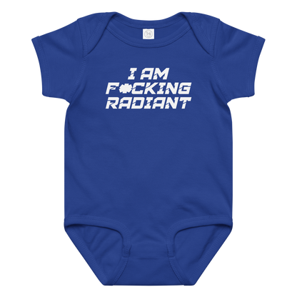 "I Am F*cking Radiant" printed on a royal baby jersey bodysuit laying on a flat surface amongst other clothes