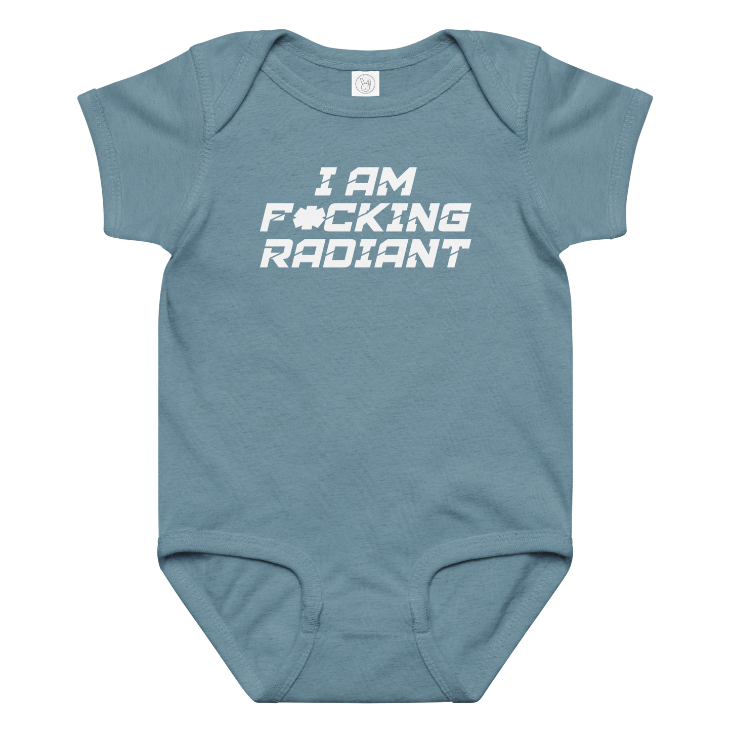 "I Am F*cking Radiant" printed on a vintage indigo baby jersey bodysuit laying on a flat surface amongst other clothes