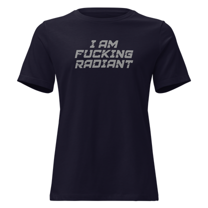 "I Am Fucking Radiant" printed on a navy on an invisible / simulated body