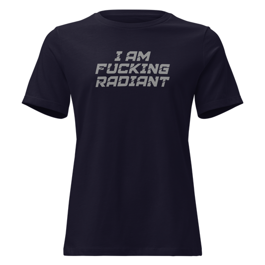 "I Am Fucking Radiant" printed on a navy on an invisible / simulated body