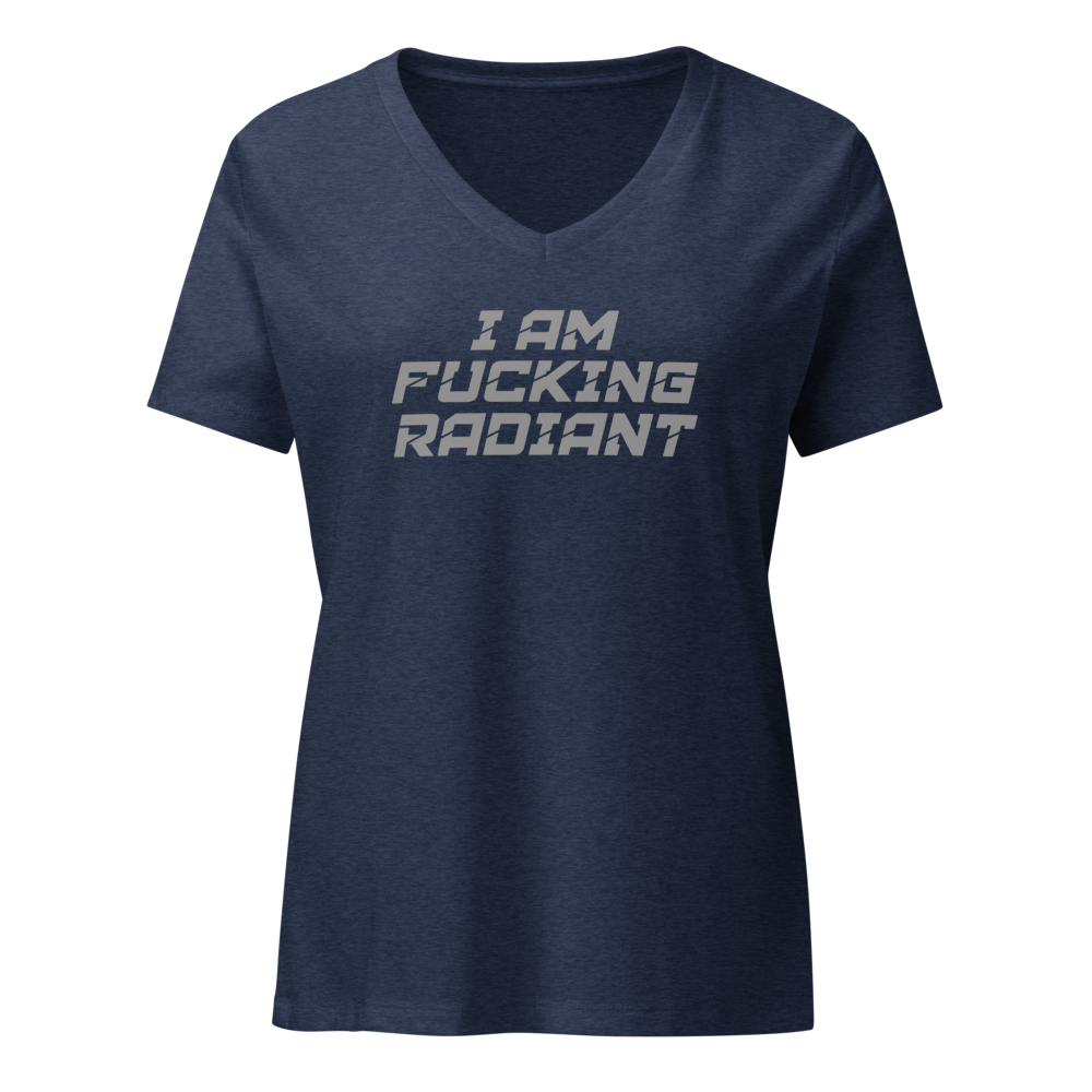 "I Am Fucking Radiant" printed on a heather navy on an invisible / simulated body