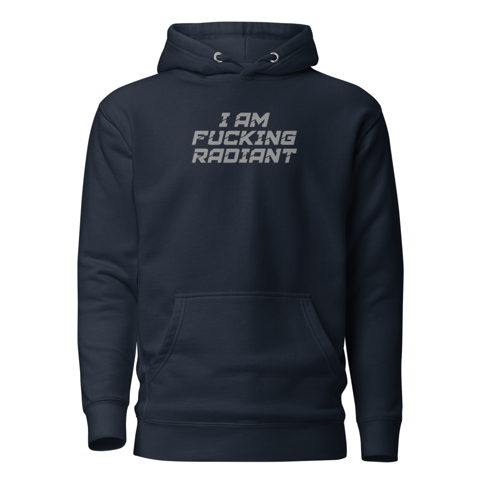 "I Am Fucking Radiant" printed on a navy blazer on an invisible / simulated body
