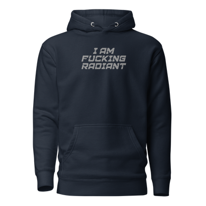 "I Am Fucking Radiant" printed on a navy blazer on an invisible / simulated body