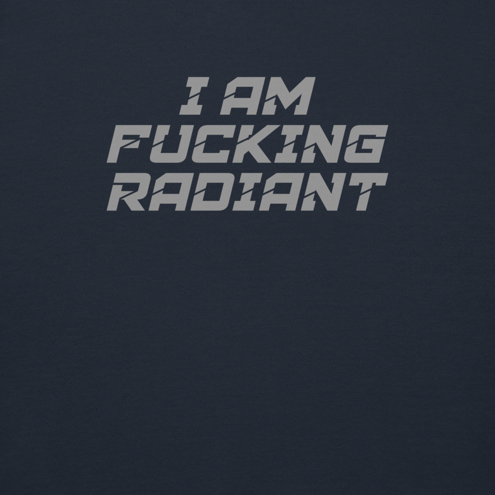 "I Am Fucking Radiant" printed on a navy blazer background