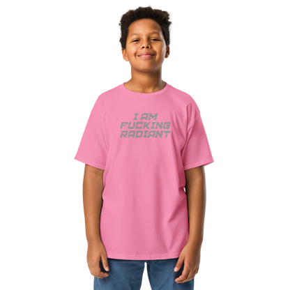 "I Am Fucking Radiant" printed on a azalea youth classic tee worn by a male