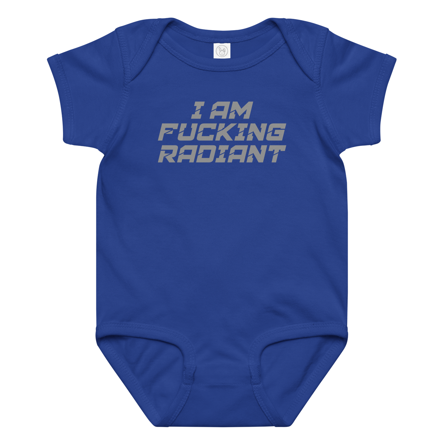 "I Am Fucking Radiant" printed on a royal baby jersey bodysuit laying on a flat surface amongst other clothes