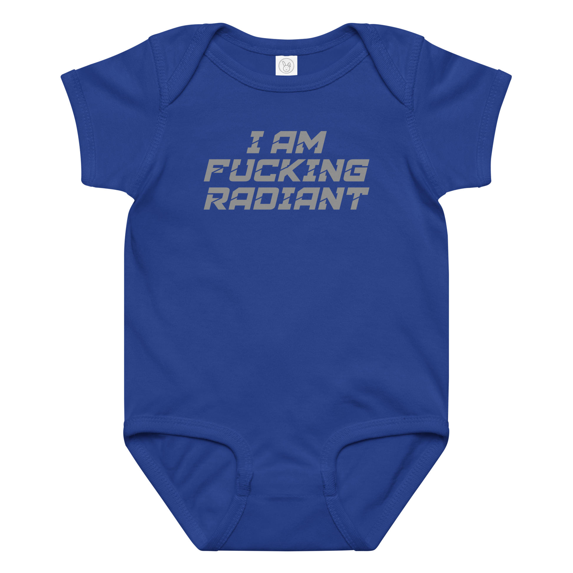 "I Am Fucking Radiant" printed on a royal baby jersey bodysuit laying on a flat surface amongst other clothes