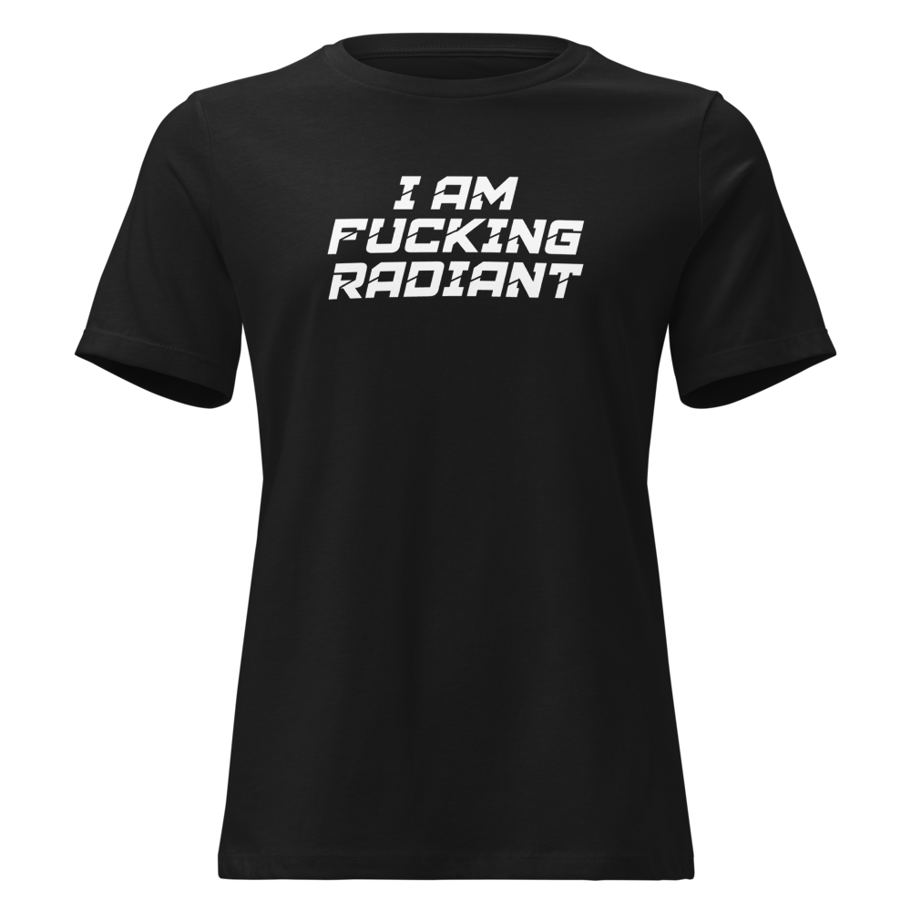 "I Am Fucking Radiant" printed on a black on an invisible / simulated body