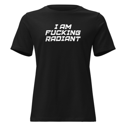 "I Am Fucking Radiant" printed on a black on an invisible / simulated body