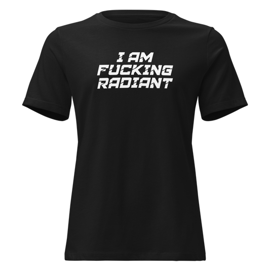 "I Am Fucking Radiant" printed on a black on an invisible / simulated body