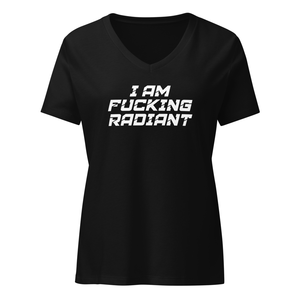 "I Am Fucking Radiant" printed on a solid black blend on an invisible / simulated body
