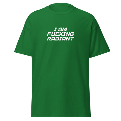 "I Am Fucking Radiant" printed on a turf green on an invisible body