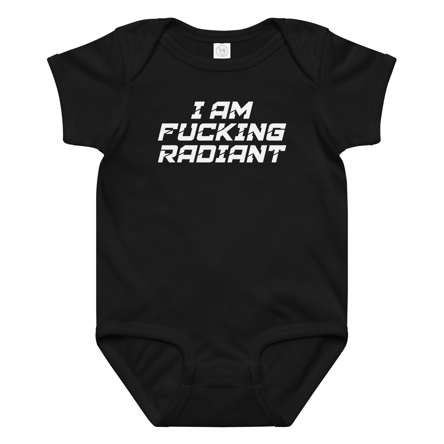 "I Am Fucking Radiant" printed on a black baby jersey bodysuit laying on a flat surface amongst other clothes
