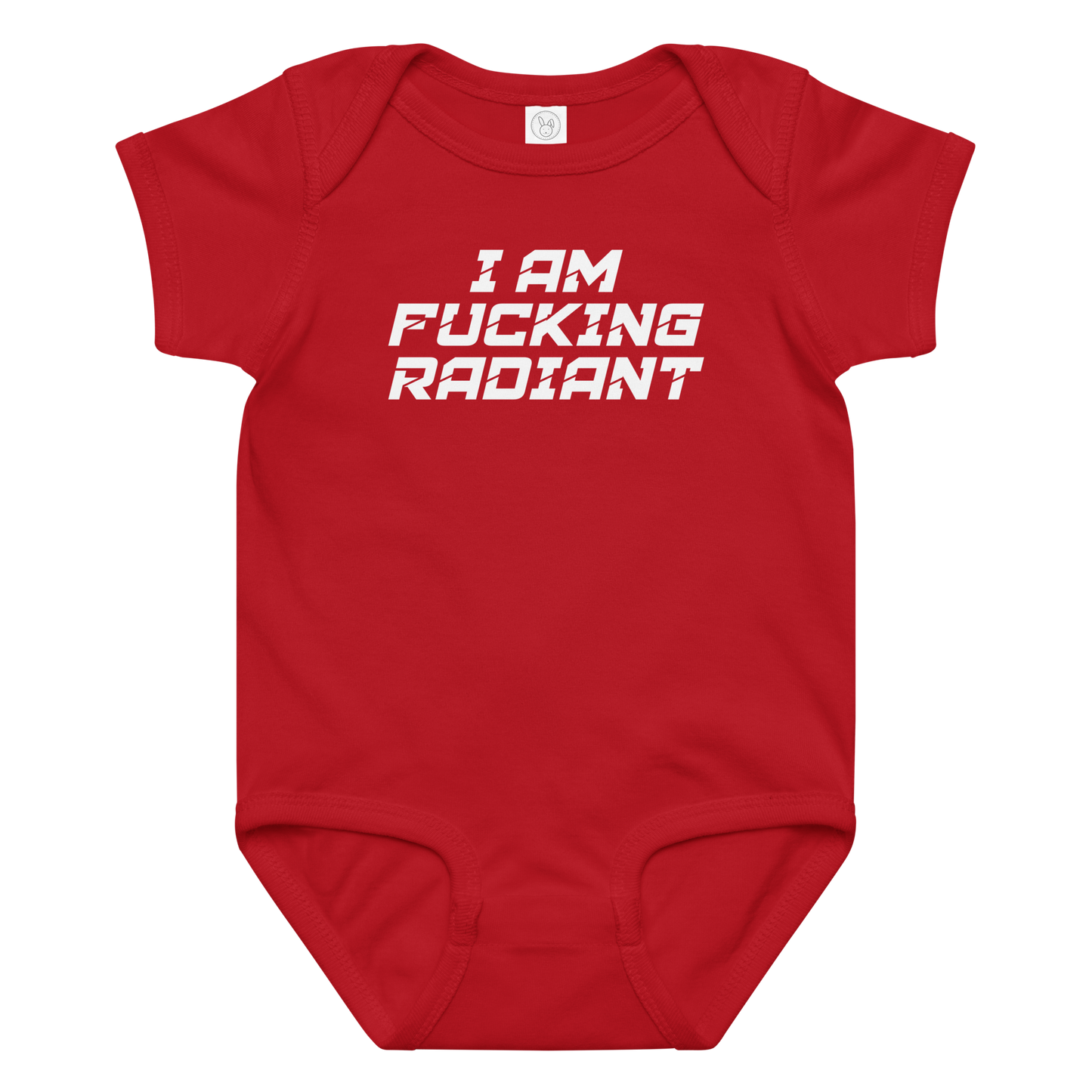 "I Am Fucking Radiant" printed on a red baby jersey bodysuit laying on a flat surface amongst other clothes