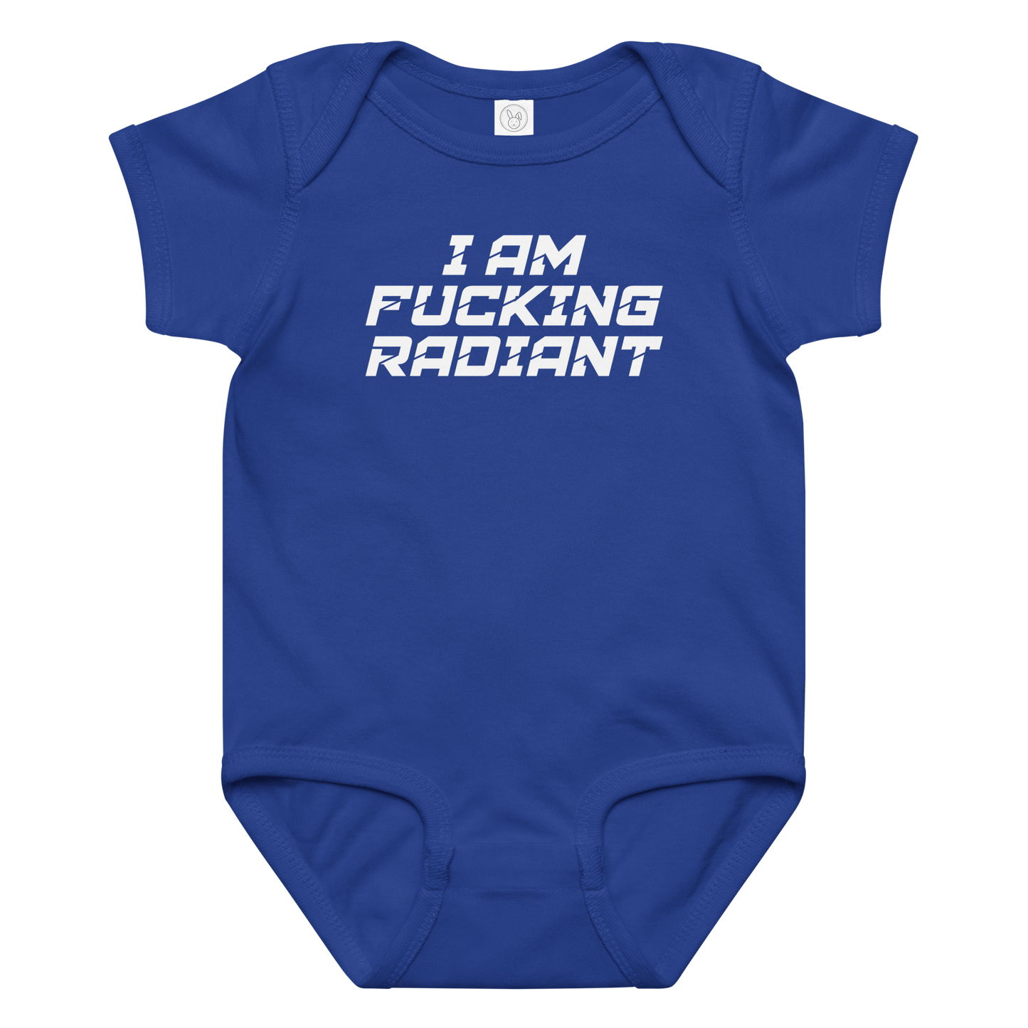 "I Am Fucking Radiant" printed on a royal baby jersey bodysuit laying on a flat surface amongst other clothes
