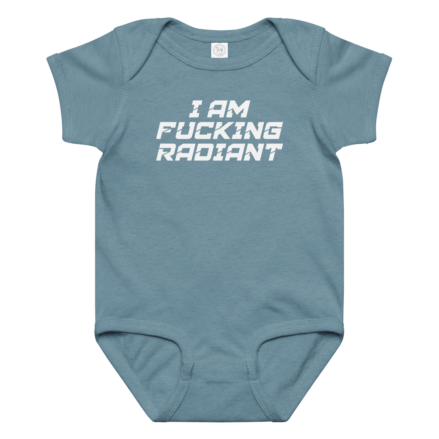 "I Am Fucking Radiant" printed on a vintage indigo baby jersey bodysuit laying on a flat surface amongst other clothes