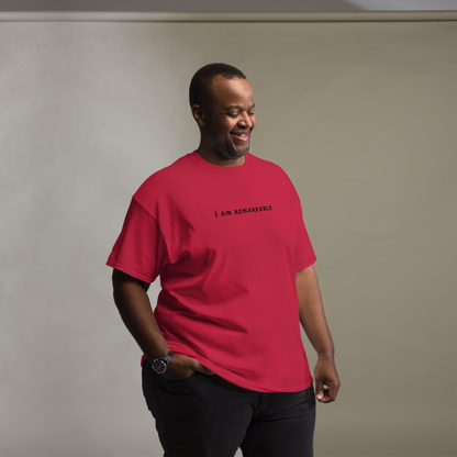"I am remarkable" printed on a cardinal unisex classic tee worn by a male
