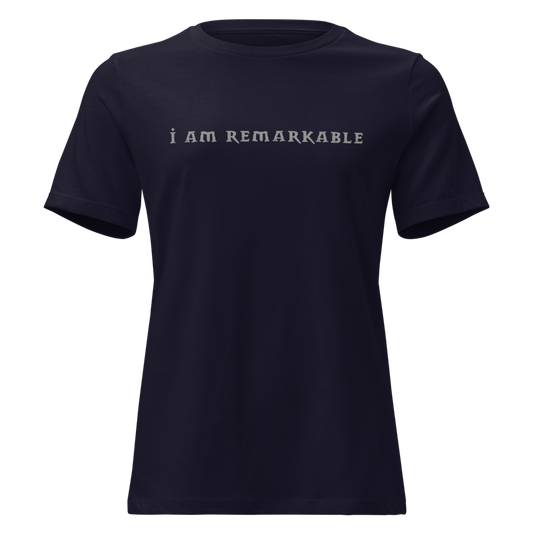 "I am remarkable" printed on a navy on an invisible / simulated body