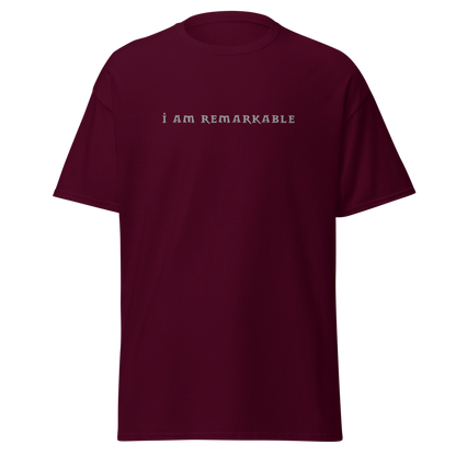 "I am remarkable" printed on a maroon on an invisible body