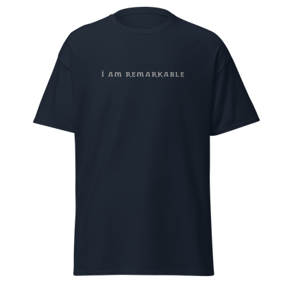 "I am remarkable" printed on a navy on an invisible body