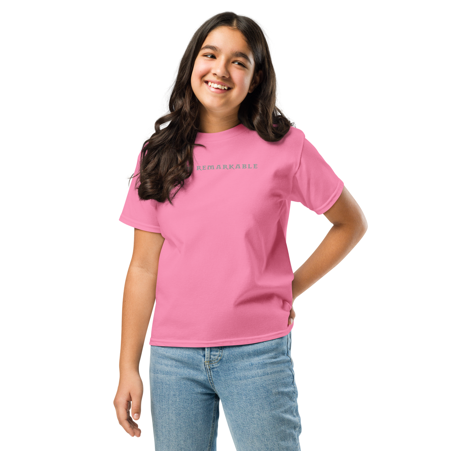 "I am remarkable" printed on a azalea youth classic tee worn by a female