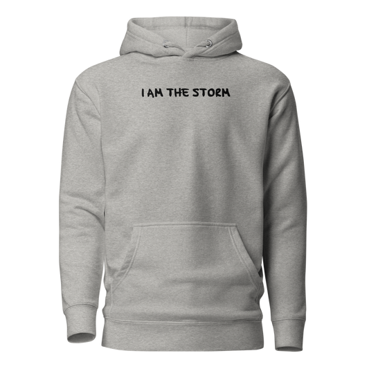 "I am the storm" printed on a carbon grey on an invisible / simulated body