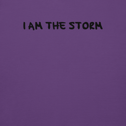 "I am the storm" printed on a purple background