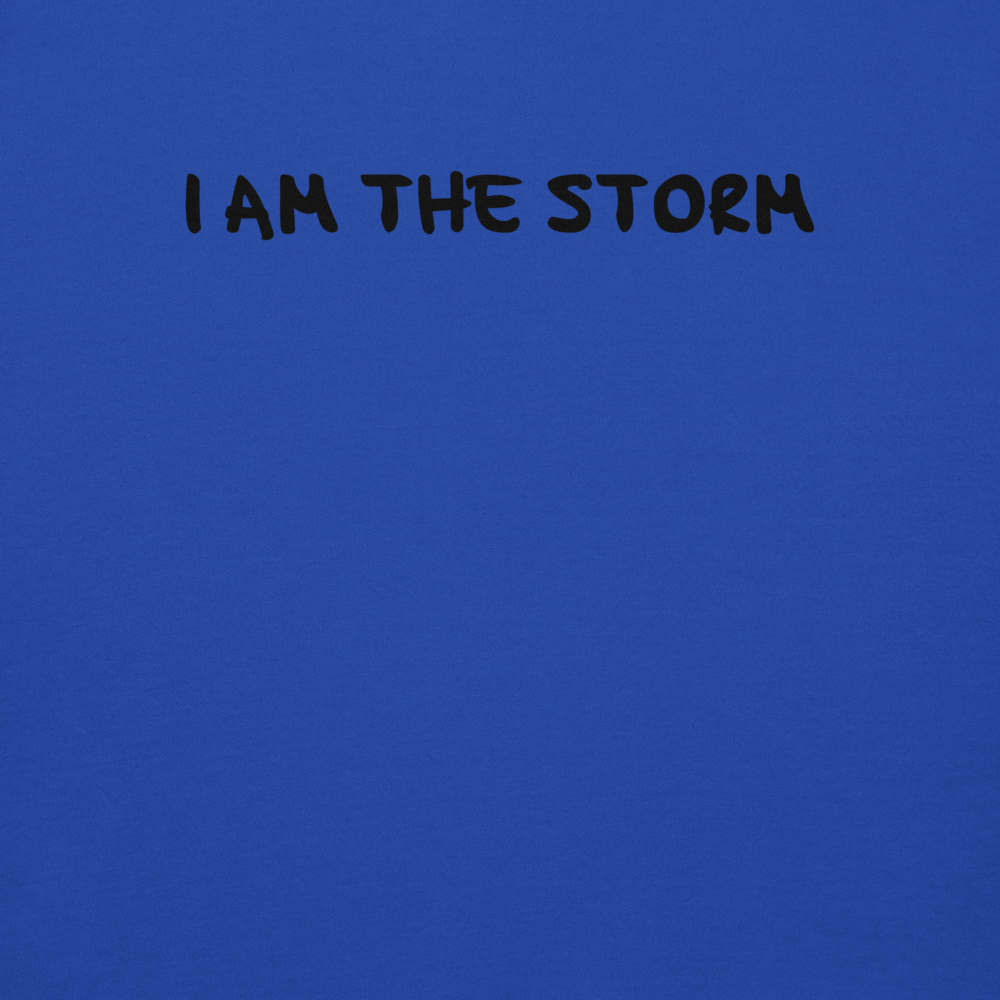 "I am the storm" printed on a team royal background
