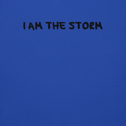 "I am the storm" printed on a team royal background