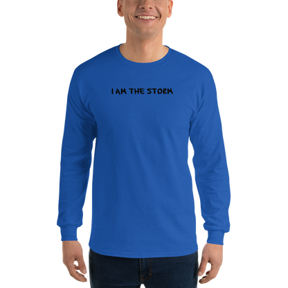 "I am the storm" printed on a royal men's long sleeve shirt worn by a male